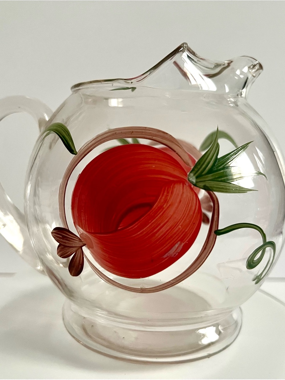 Vintage Hand-Blown Glass Pitcher with Red Floral Accent